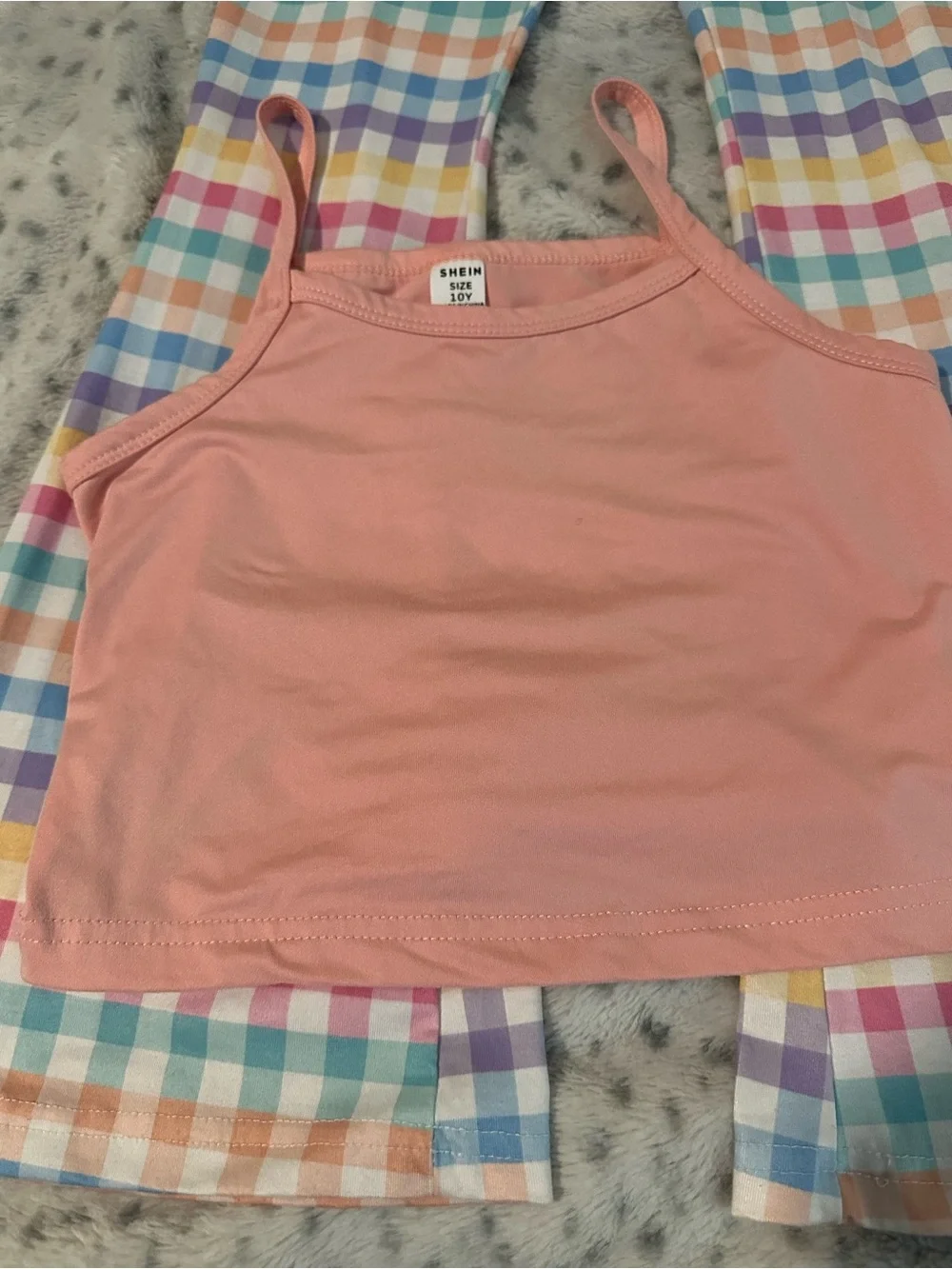 SHEIN Peach Crochet Mesh Top With Multi Colored Pants